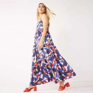 Nine West Womens Abstract Tiered Maxi Dress Blue Orange Large Vacation Preppy
